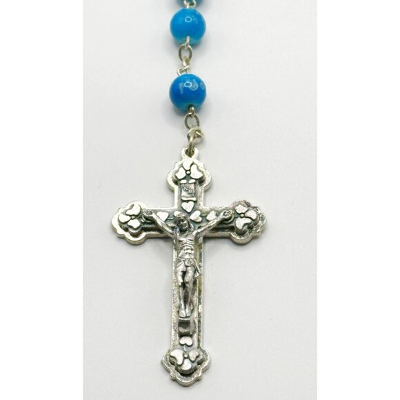 Turquoise Blue & Silvertone Italy Pray For Us Rosary 18” - Picture 2 of 7